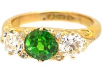 Victorian 18ct Gold Carved Half Hoop Ring set with a Green Garnet & Diamonds