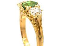 Victorian 18ct Gold Carved Half Hoop Ring set with a Green Garnet & Diamonds