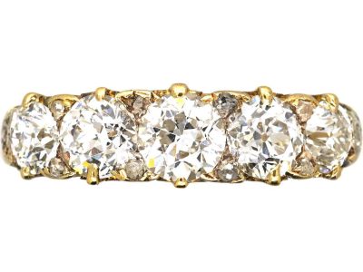 Victorian 18ct Gold Five Stone Old Mine Cut Diamond Carved Half Hoop Ring