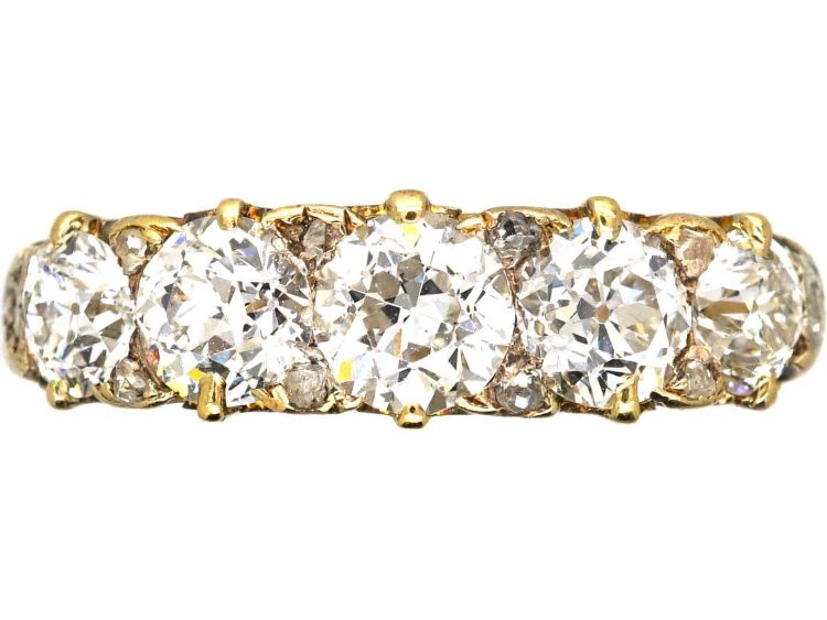 Victorian 18ct Gold Five Stone Old Mine Cut Diamond Carved Half Hoop Ring