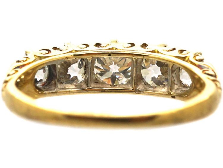 Victorian 18ct Gold Five Stone Old Mine Cut Diamond Carved Half Hoop Ring