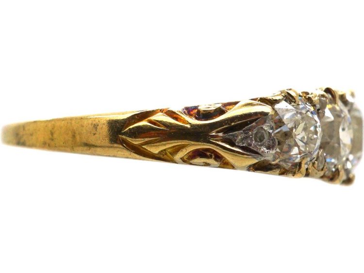 Victorian 18ct Gold Five Stone Old Mine Cut Diamond Carved Half Hoop Ring