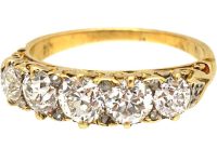 Victorian 18ct Gold Five Stone Old Mine Cut Diamond Carved Half Hoop Ring