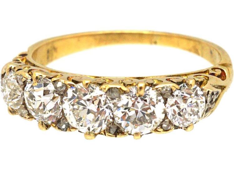 Victorian 18ct Gold Five Stone Old Mine Cut Diamond Carved Half Hoop Ring
