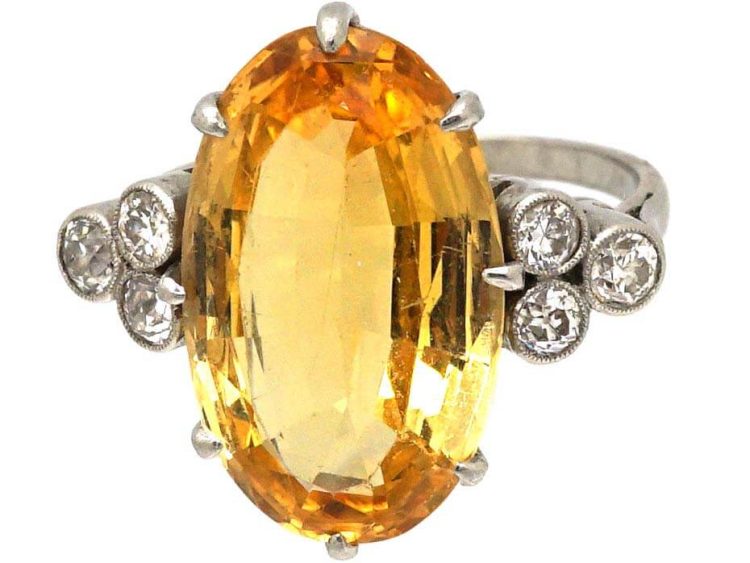 Early 20th Century 18ct White Gold Ring set with a Large Topaz & Diamonds