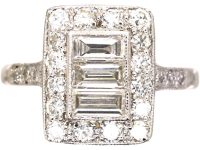 Art Deco Platinum Rectangular Shaped Ring set with Baguette & Round Diamonds
