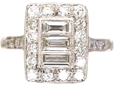 Art Deco Platinum Rectangular Shaped Ring set with Baguette & Round Diamonds
