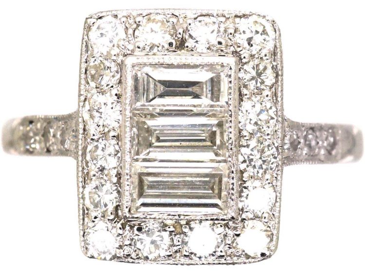 Art Deco Platinum Rectangular Shaped Ring set with Baguette & Round Diamonds