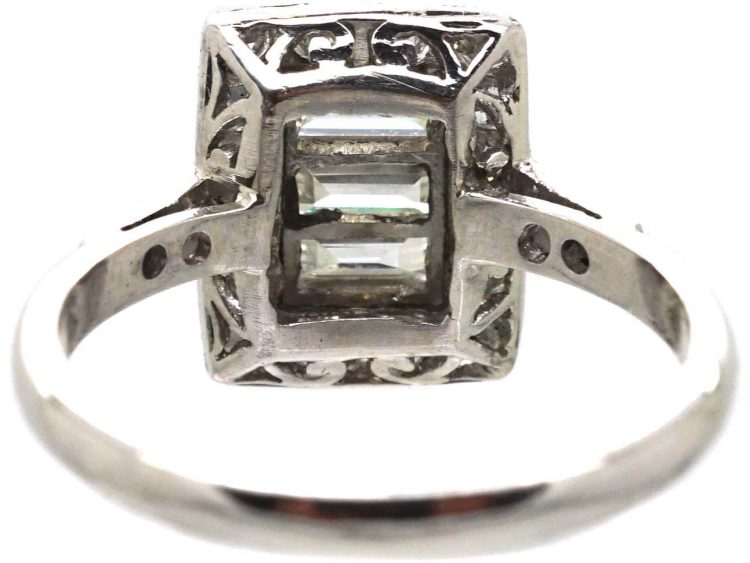 Art Deco Platinum Rectangular Shaped Ring set with Baguette & Round Diamonds