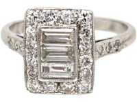 Art Deco Platinum Rectangular Shaped Ring set with Baguette & Round Diamonds