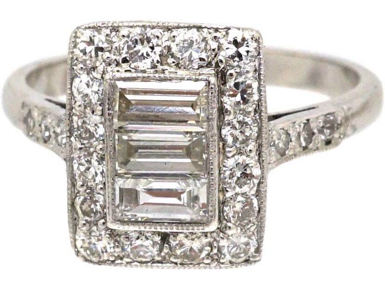 Art Deco Platinum Rectangular Shaped Ring set with Baguette & Round Diamonds