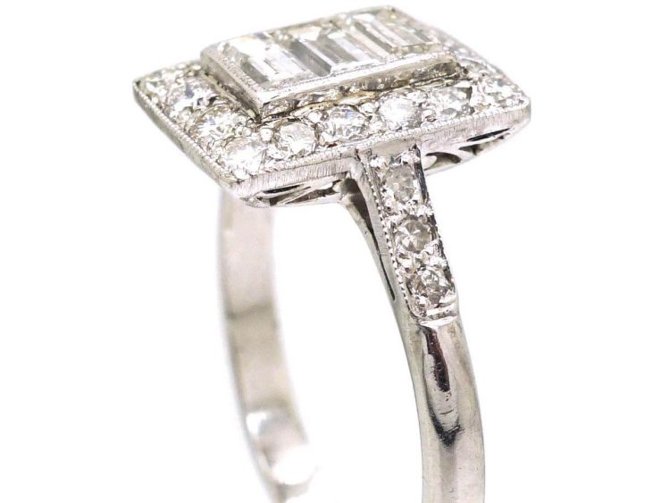 Art Deco Platinum Rectangular Shaped Ring set with Baguette & Round Diamonds
