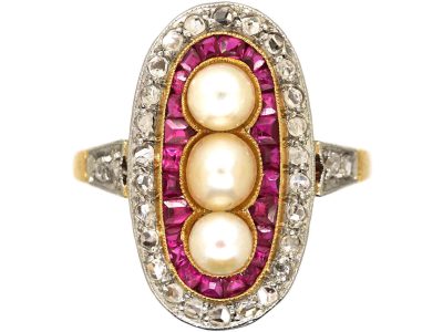 Art Deco 18ct Gold & Platinum Oval Ring set with Natural Pearls, Rubies & Rose Diamonds