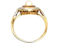 Art Deco 18ct Gold & Platinum Oval Ring set with Natural Pearls, Rubies & Rose Diamonds