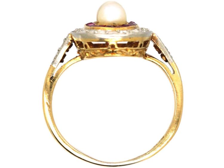 Art Deco 18ct Gold & Platinum Oval Ring set with Natural Pearls, Rubies & Rose Diamonds