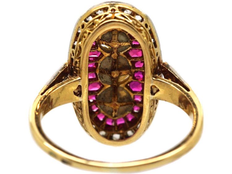 Art Deco 18ct Gold & Platinum Oval Ring set with Natural Pearls, Rubies & Rose Diamonds