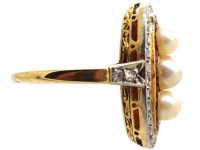 Art Deco 18ct Gold & Platinum Oval Ring set with Natural Pearls, Rubies & Rose Diamonds