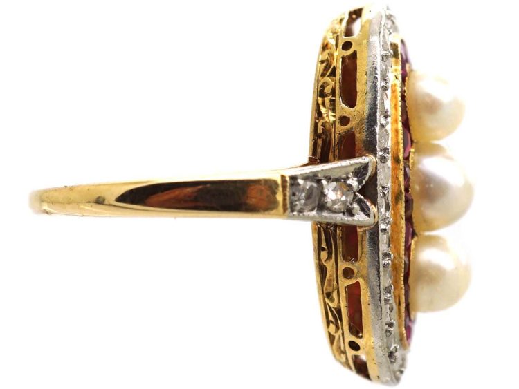 Art Deco 18ct Gold & Platinum Oval Ring set with Natural Pearls, Rubies & Rose Diamonds
