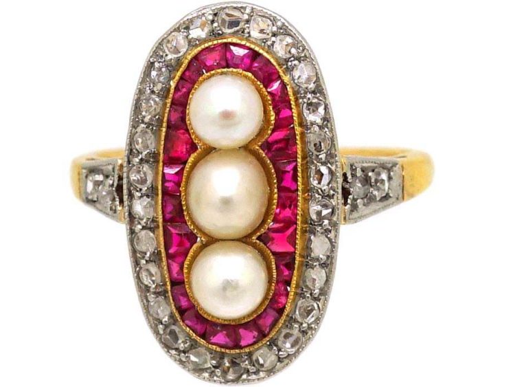 Art Deco 18ct Gold & Platinum Oval Ring set with Natural Pearls, Rubies & Rose Diamonds