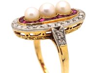 Art Deco 18ct Gold & Platinum Oval Ring set with Natural Pearls, Rubies & Rose Diamonds