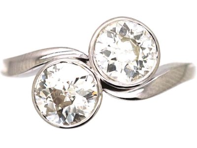 Early 20th Century 18ct White Gold, Two Stone Diamond Crossover Ring