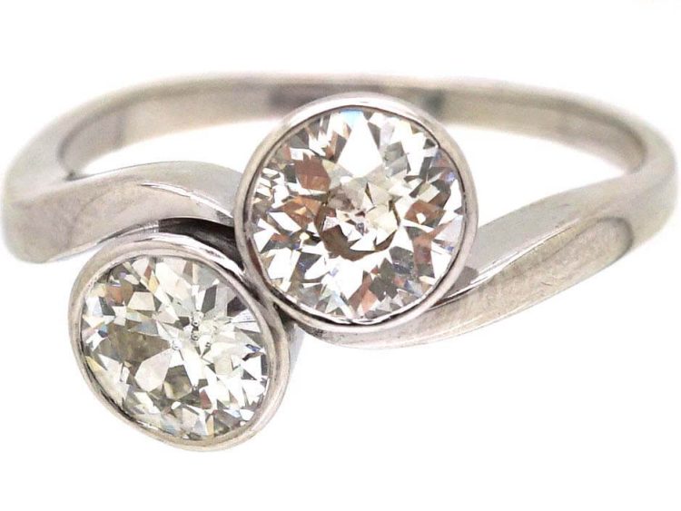 Early 20th Century 18ct White Gold, Two Stone Diamond Crossover Ring