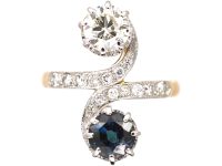 French Art Nouveau 18ct Gold & Platinum, Diamond & Sapphire Twist Ring