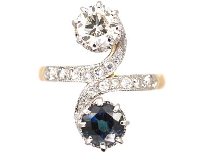 French Art Nouveau 18ct Gold & Platinum, Diamond & Sapphire Twist Ring