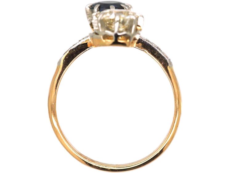 French Art Nouveau 18ct Gold & Platinum, Diamond & Sapphire Twist Ring