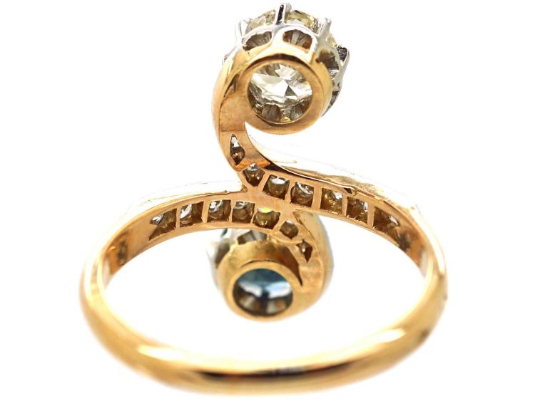 French Art Nouveau 18ct Gold & Platinum, Diamond & Sapphire Twist Ring