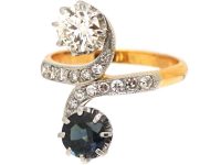 French Art Nouveau 18ct Gold & Platinum, Diamond & Sapphire Twist Ring