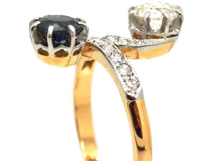 French Art Nouveau 18ct Gold & Platinum, Diamond & Sapphire Twist Ring