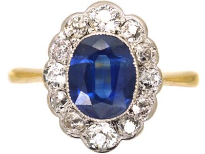 Edwardian 18ct Gold & Platinum Sapphire & Diamond Oval Ring