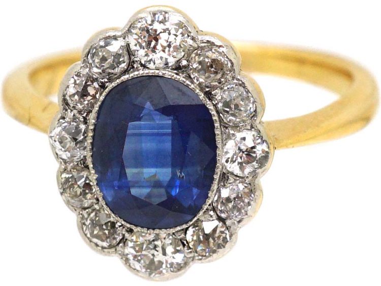 Edwardian 18ct Gold & Platinum Sapphire & Diamond Oval Ring