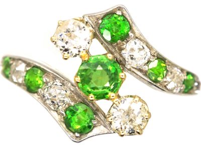 Edwardian 18ct Gold & Platinum Crossover Ring set with Green Garnets & Diamonds