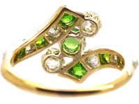 Edwardian 18ct Gold & Platinum Crossover Ring set with Green Garnets & Diamonds
