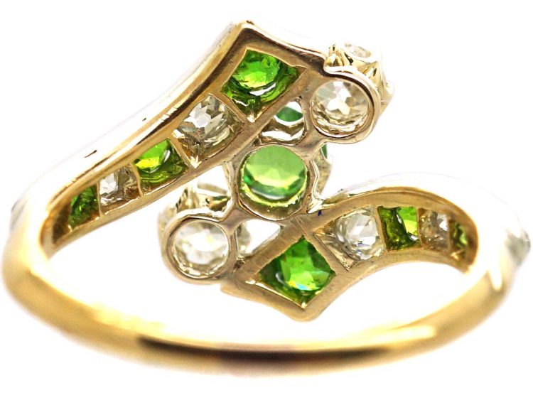 Edwardian 18ct Gold & Platinum Crossover Ring set with Green Garnets & Diamonds