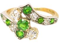 Edwardian 18ct Gold & Platinum Crossover Ring set with Green Garnets & Diamonds