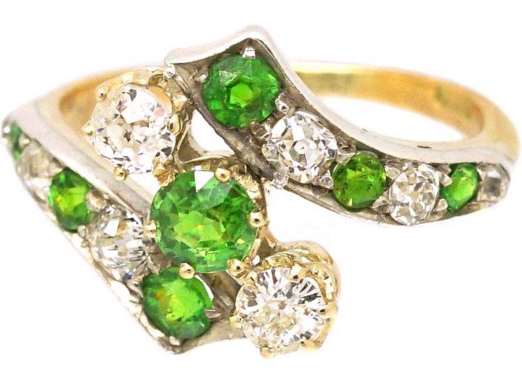 Edwardian 18ct Gold & Platinum Crossover Ring set with Green Garnets & Diamonds