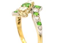 Edwardian 18ct Gold & Platinum Crossover Ring set with Green Garnets & Diamonds