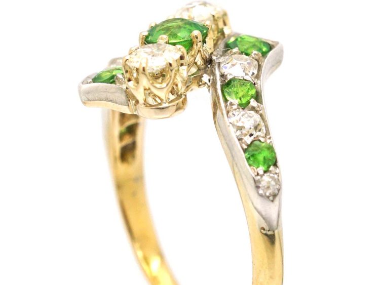 Edwardian 18ct Gold & Platinum Crossover Ring set with Green Garnets & Diamonds