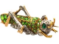French Early 20th Century 18ct Gold & Platinum Grasshopper Brooch set with Green Garnets & Rose Diamonds & an Emerald