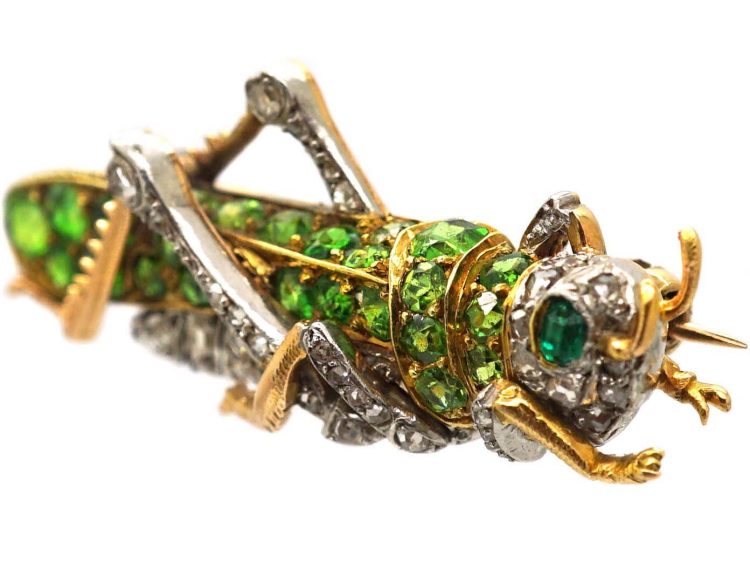 French Early 20th Century 18ct Gold & Platinum Grasshopper Brooch set with Green Garnets & Rose Diamonds & an Emerald