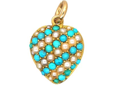 Edwardian 15ct Gold Heart Shaped Pendant set with Turquoise & Natural Split Pearls
