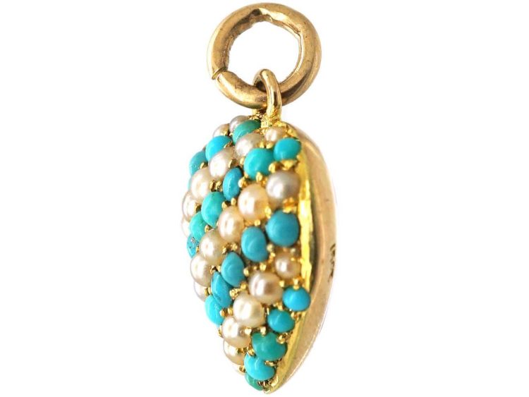 Edwardian 15ct Gold Heart Shaped Pendant set with Turquoise & Natural Split Pearls