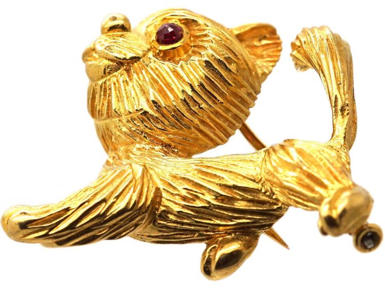 Vintage 18ct Gold Dog Brooch with Ruby Eyes by Cartier
