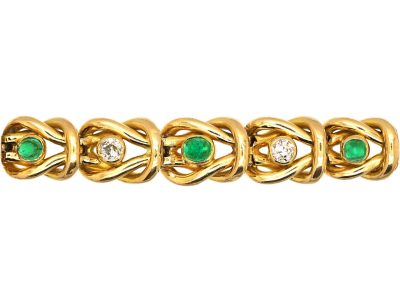 Edwardian 18ct Gold Knot Bracelet set with Cabochon Emeralds & Diamonds
