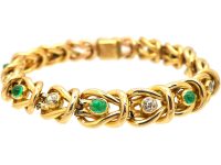 Edwardian 18ct Gold Knot Bracelet set with Cabochon Emeralds & Diamonds