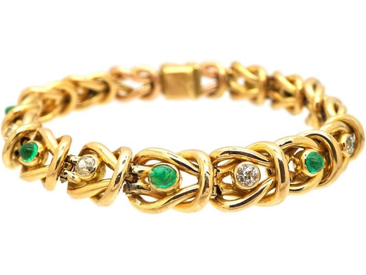 Edwardian 18ct Gold Knot Bracelet set with Cabochon Emeralds & Diamonds