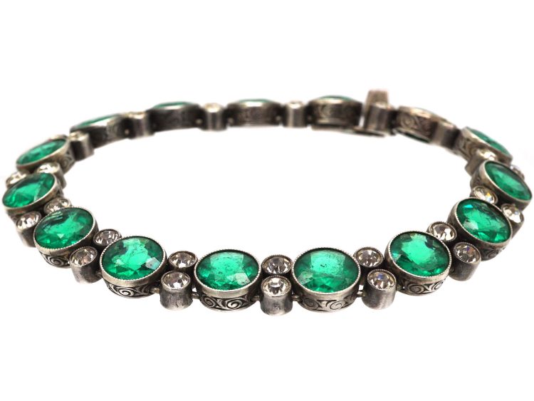 Art Deco Silver, Green & White Paste Bracelet